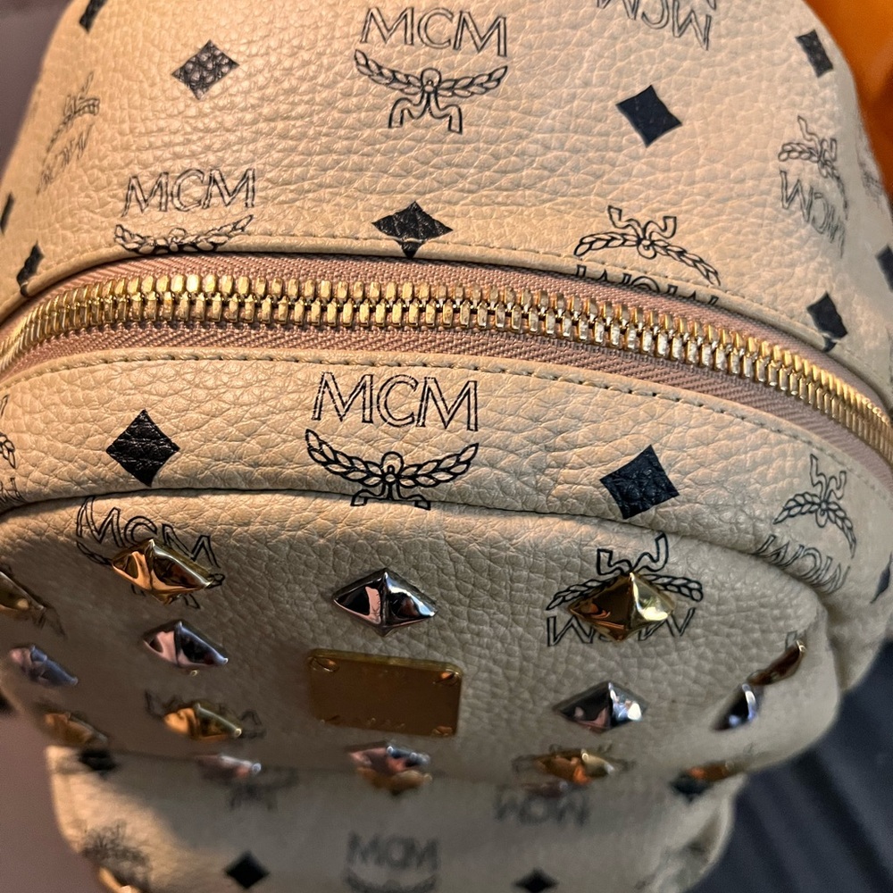 MCM Beige Visetos Silver and Gold Pyramid Studded Backpack with Dust Bag - Picture 9 of 16